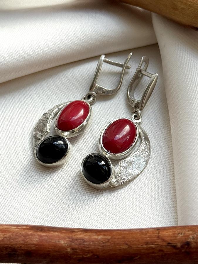 купить Серьги из серебра с кораллом и обсидианом , фото 4