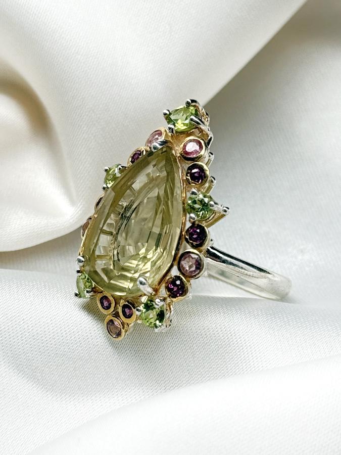 купить Кольцо из серебра с цитрином и турмалином,18,5 размер , фото 1