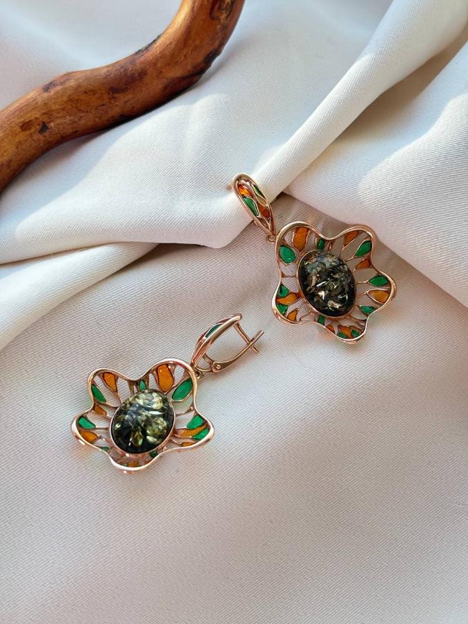 купить Серьги из серебра с зеленым янтарем , фото 2