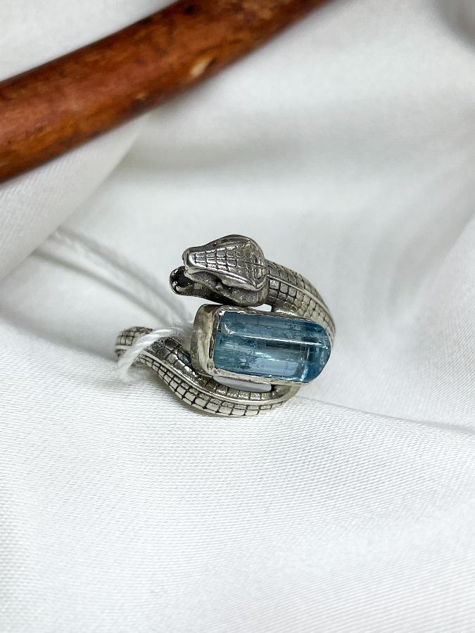 Кольцо из серебра с аквамарином в форме змеи,17,5 размер U-3774, фото 4