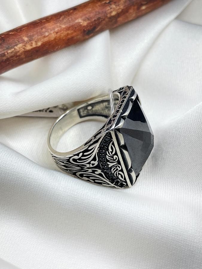 Кольцо-печатка с черным фианитом, 20,5 размер U-3514, фото 4