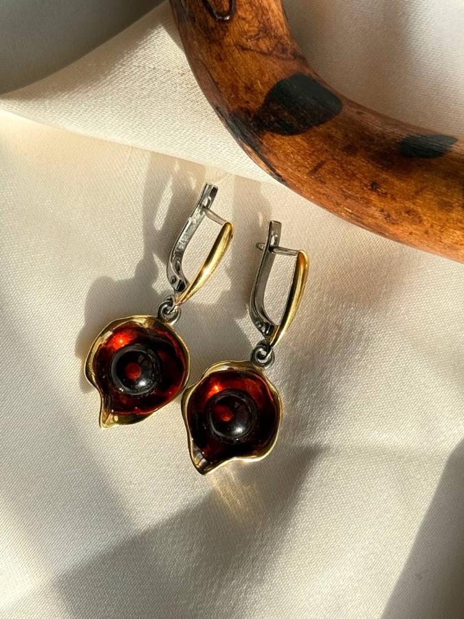 купить Серьги из серебра с красным янтарем  , фото 3