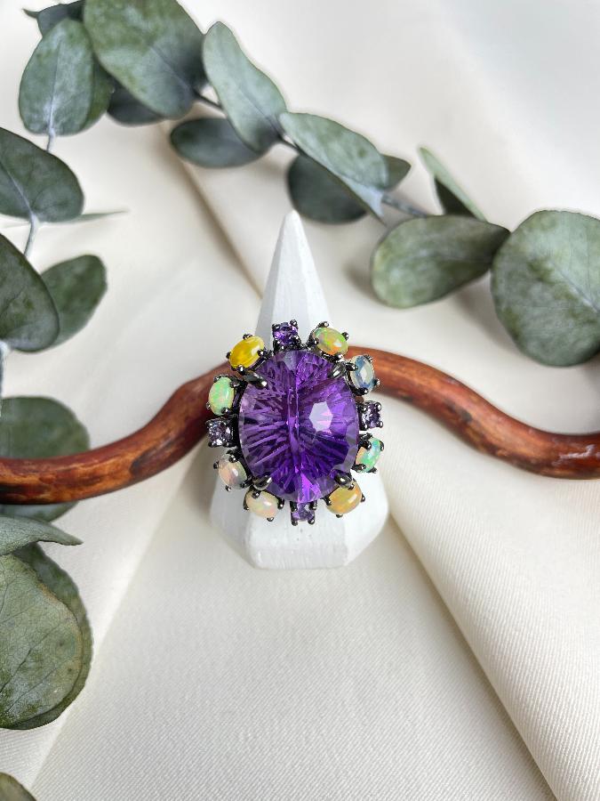 Кольцо из серебра с аметистом и опалом,18,5 размер  U-3057, фото 2