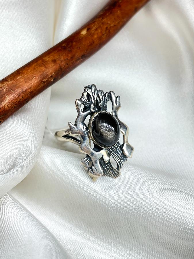 купить Кольцо из серебра с обсидианом,18 размер , фото 2