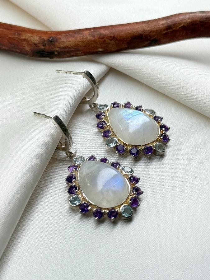 Серьги из серебра с лунным камнем, аметистом и топазом U-3265, фото 2