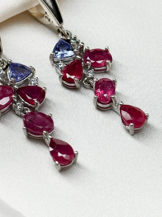 Серьги из серебра с танзанитом и рубином (красный корунд) U-3990, фото 3