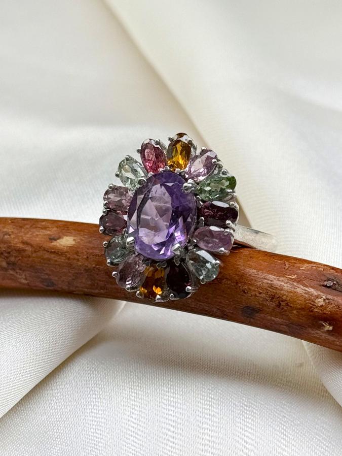 купить Кольцо из серебра с аметистом и турмалином,18 размер , фото 1