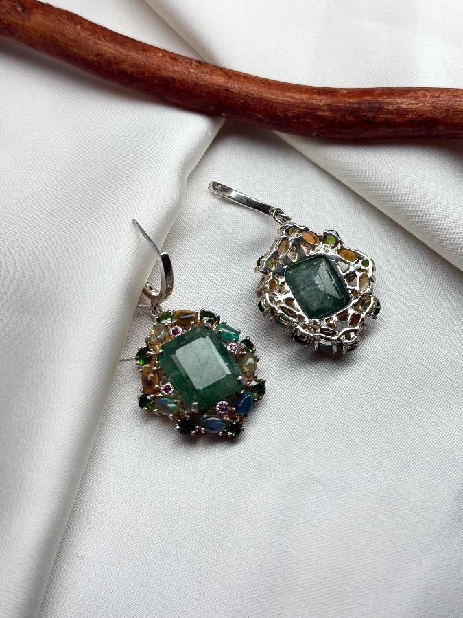 Серьги из серебра с изумрудом (зеленый берилл) и опалом U-3378, фото 4