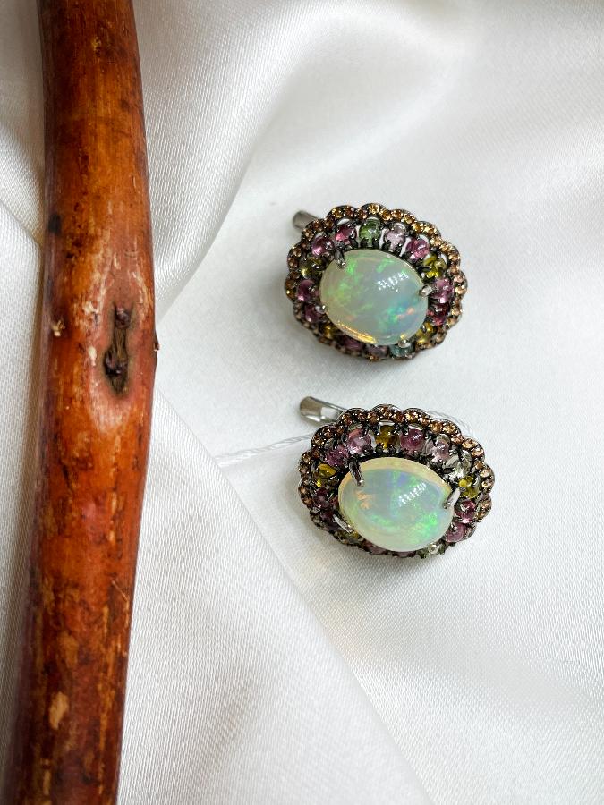 Серьги из серебра с благородным опалом и турмалином U-3768, фото 3