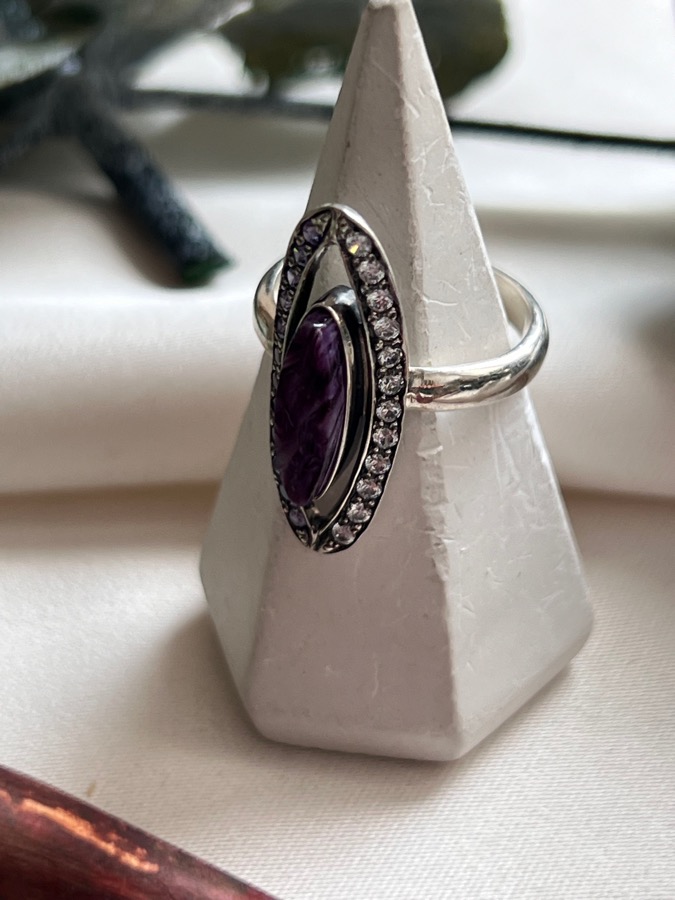 Кольцо из серебра с чароитом, 16 размер U-1577, фото 4