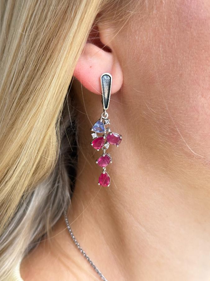 Серьги из серебра с танзанитом и рубином (красный корунд) U-3990, фото 5