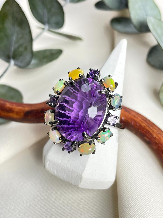 Кольцо из серебра с аметистом и опалом,18,5 размер  U-3057, фото 4