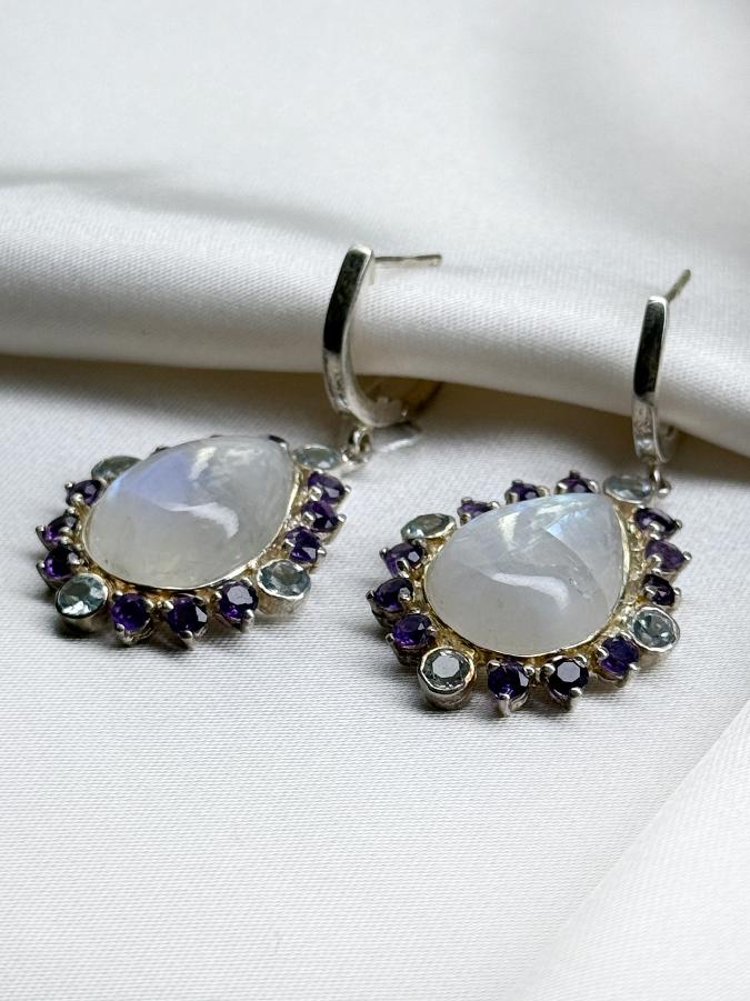 Серьги из серебра с лунным камнем, аметистом и топазом U-3265, фото 3