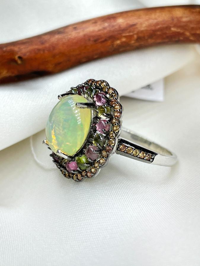 Кольцо из серебра с опалом и турмалином,19 размер U-3819, фото 3
