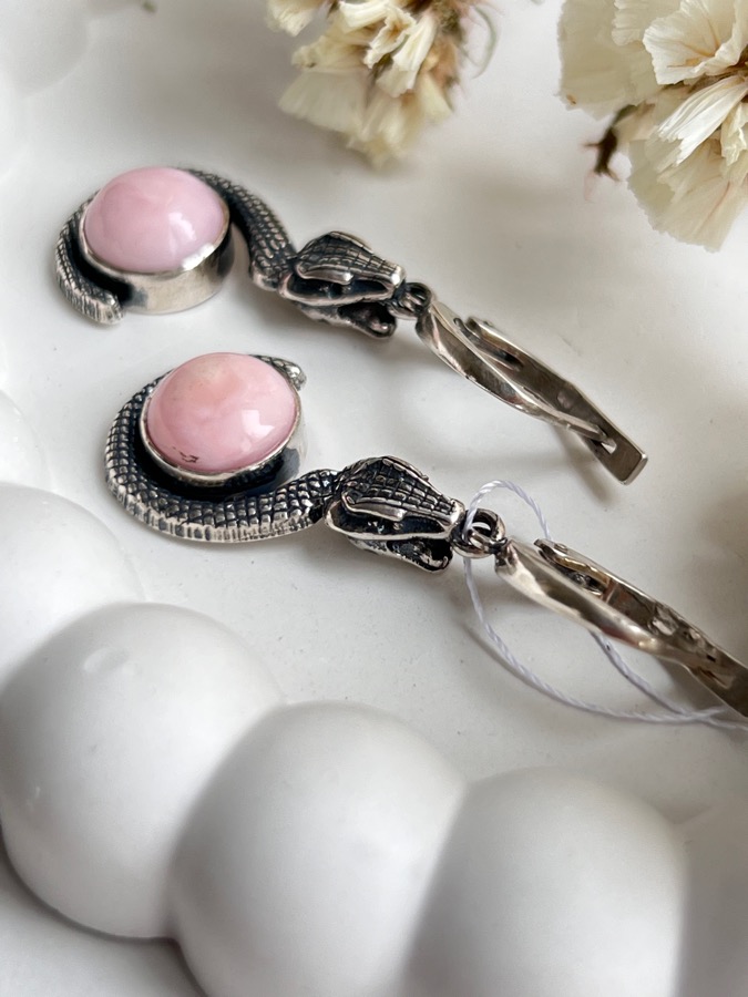 Серьги в форме змеи из серебра с розовым опалом U-1295, фото 1