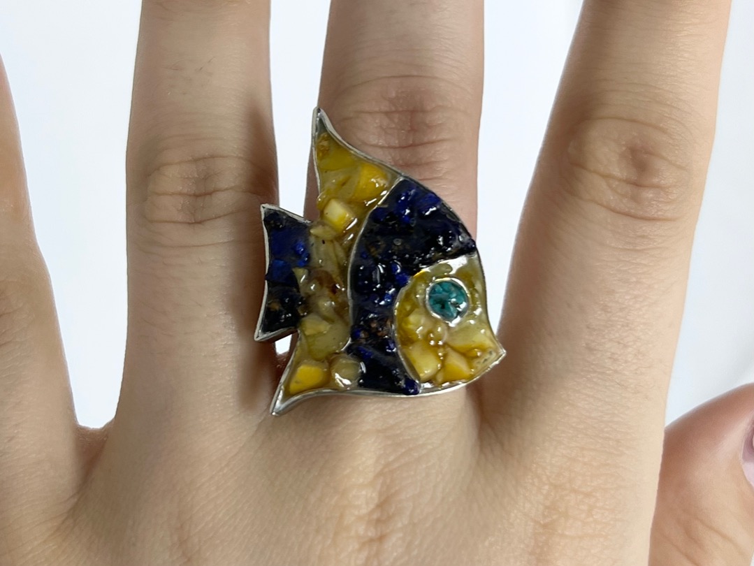 Кольцо "Рыбка" с янтарём, азуритом и хризоколлой, 17,5 размер KL-0843, фото 4