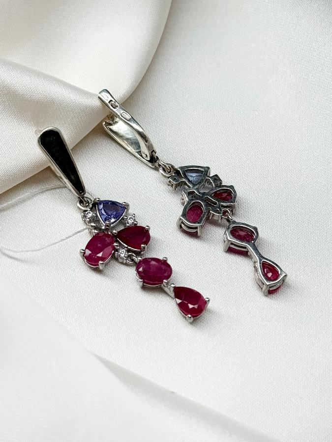 Серьги из серебра с танзанитом и рубином (красный корунд) U-3990, фото 4