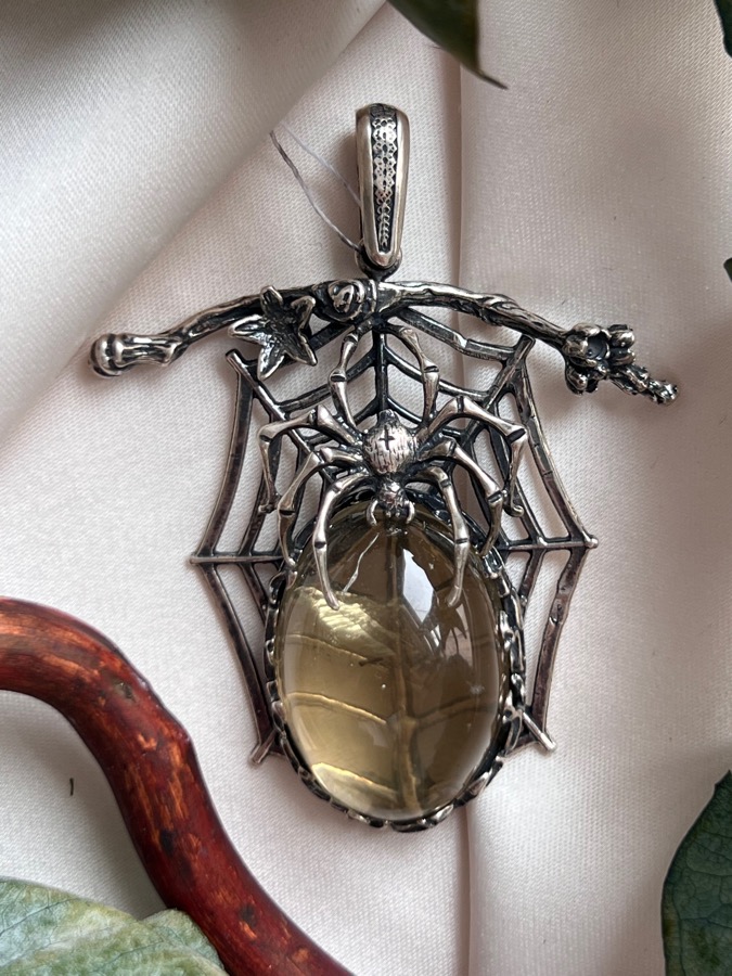 Кулон из серебра в форме паутины с пауком с цитрином U-1, фото 1
