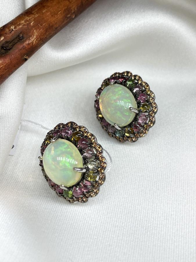 Серьги из серебра с благородным опалом и турмалином U-3768, фото 4