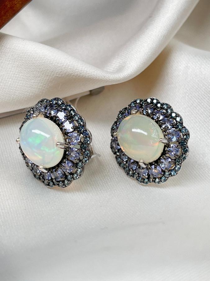 Серьги из серебра с опалом и танзанитом U-3108, фото 1