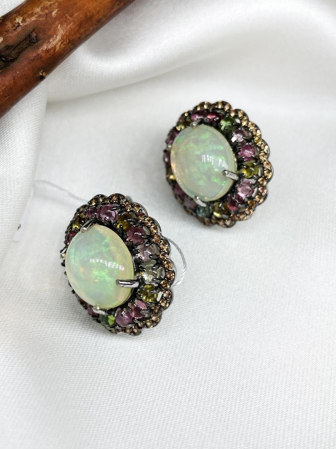 Серьги из серебра с благородным опалом и турмалином U-3768, фото 1