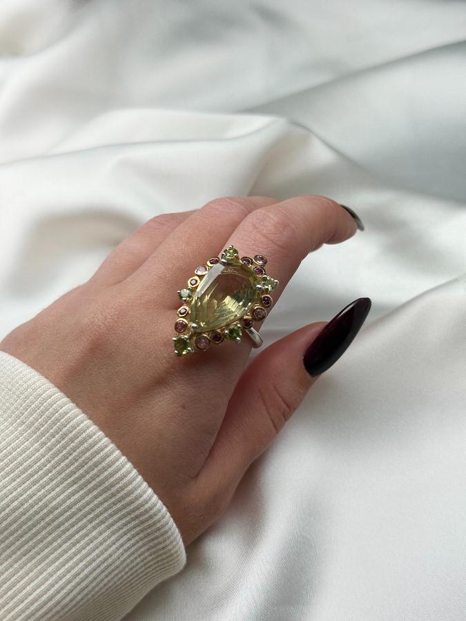 купить Кольцо из серебра с цитрином и турмалином,18,5 размер , фото 5