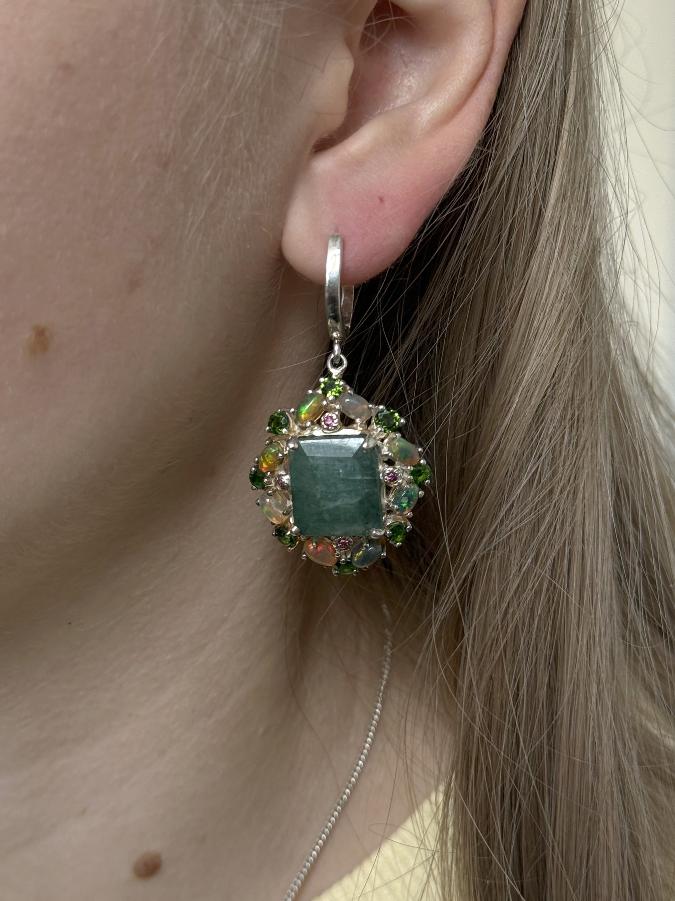 Серьги из серебра с изумрудом (зеленый берилл) и опалом U-3378, фото 5