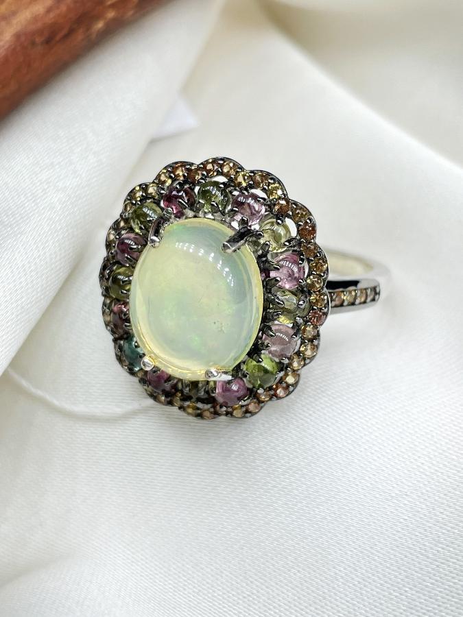 Кольцо из серебра с опалом и турмалином,19 размер U-3819, фото 1