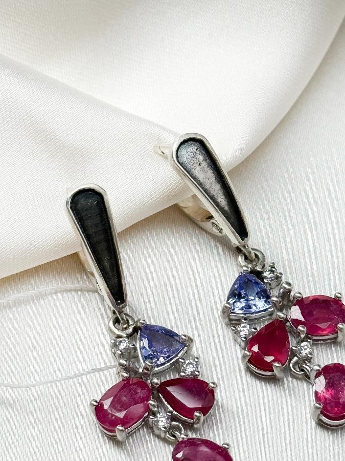 Серьги из серебра с танзанитом и рубином (красный корунд) U-3990, фото 2