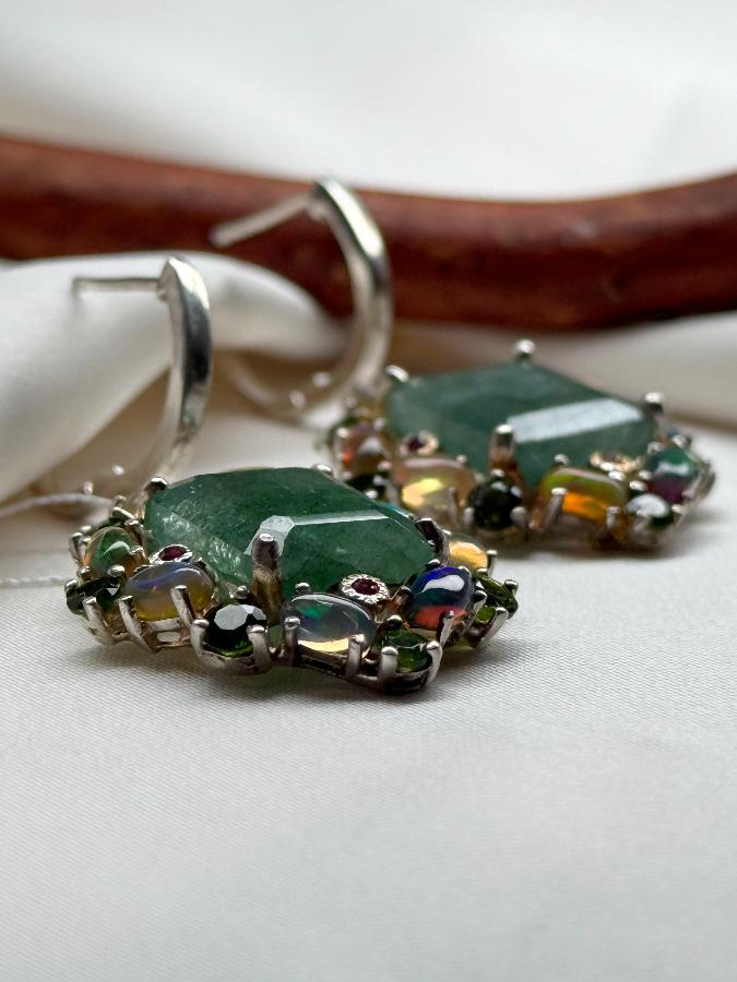 Серьги из серебра с изумрудом (зеленый берилл) и опалом U-3378, фото 3