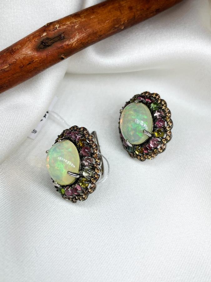 Серьги из серебра с благородным опалом и турмалином U-3768, фото 2