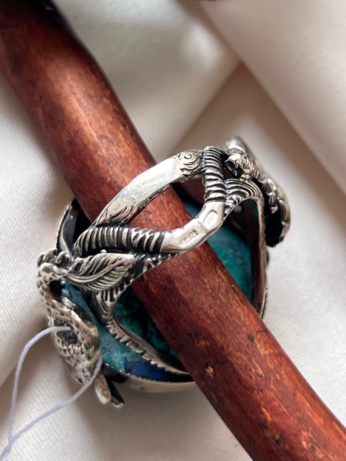 Кольцо из серебра в форме драконов с азурмалахитом, 19,5 размер U-148, фото 5