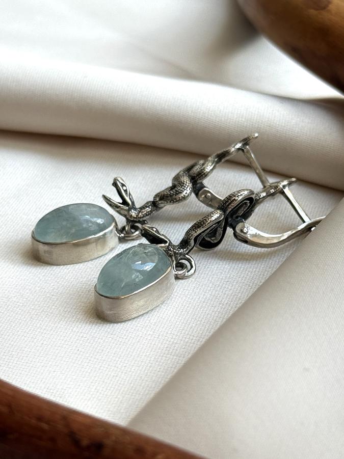 купить Серьги из серебра с аквамарином в форме змеи , фото 4