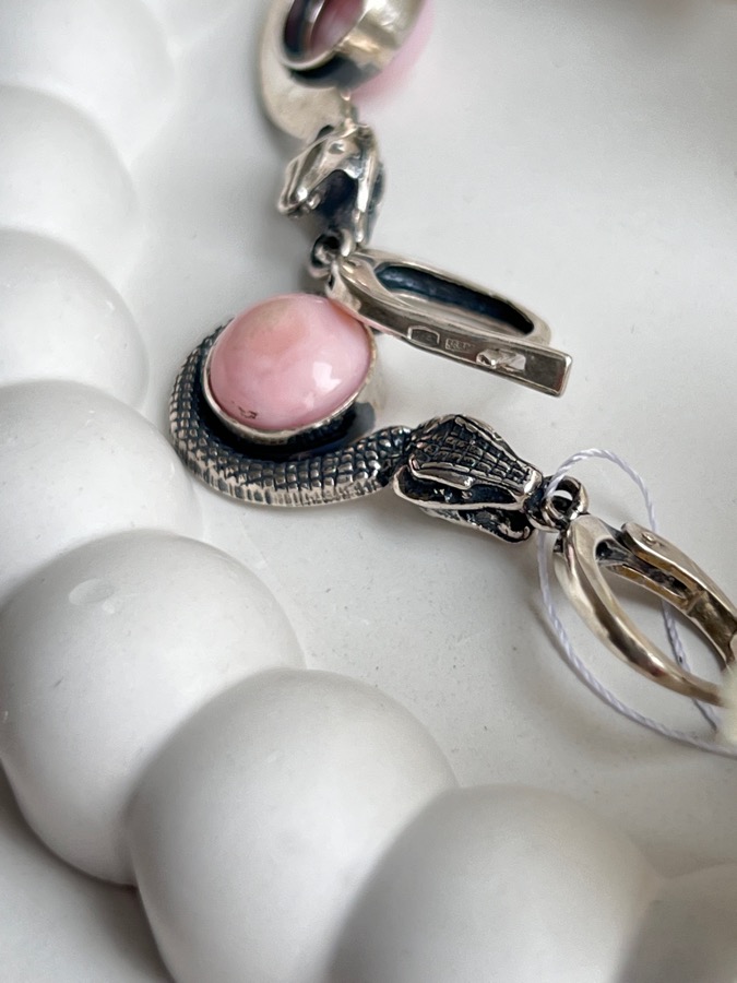 Серьги в форме змеи из серебра с розовым опалом U-1295, фото 5