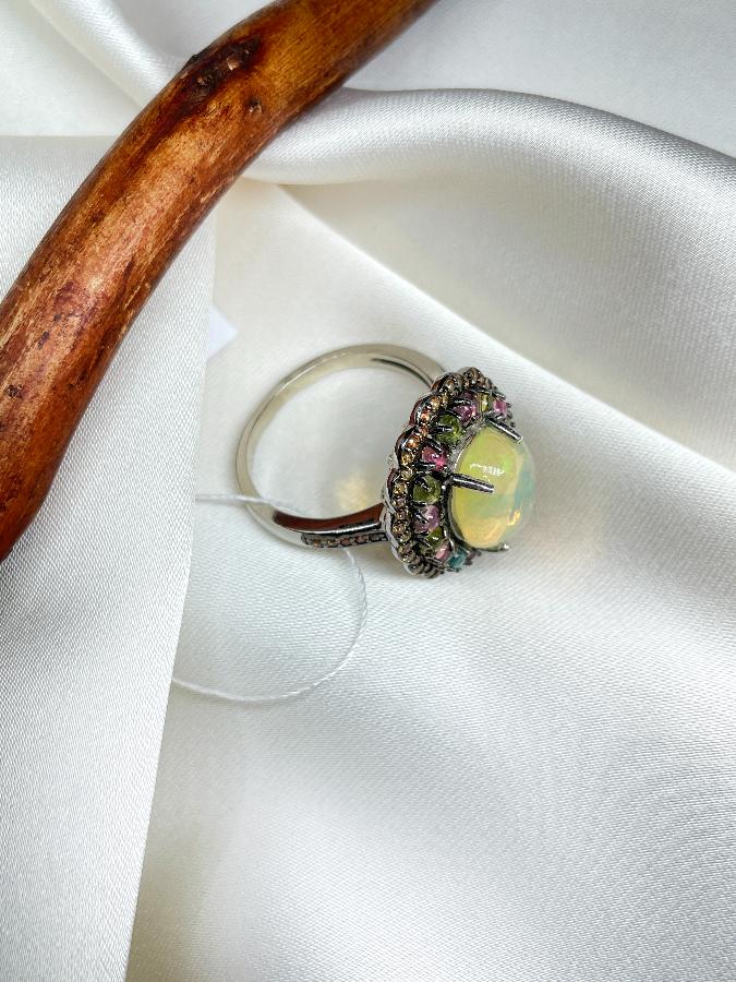 Кольцо из серебра с опалом и турмалином,19 размер U-3819, фото 5