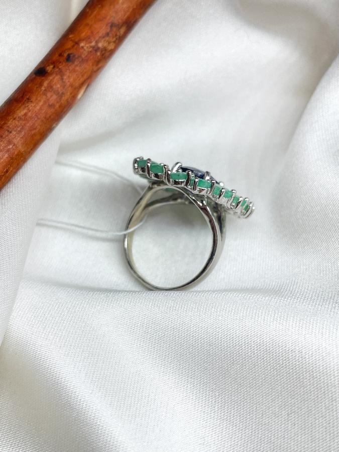 Кольцо из серебра с сапфиром и изумрудом,17,5 размер U-3757, фото 5