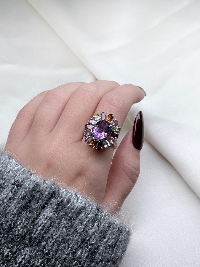 купить Кольцо из серебра с аметистом и турмалином,18 размер , фото 5