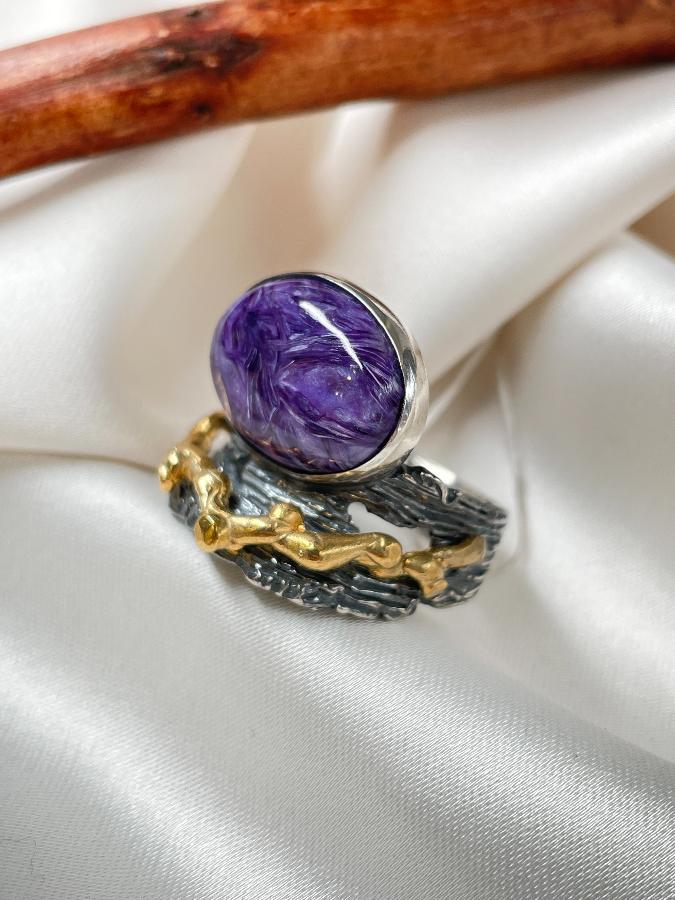 купить Кольцо из серебра с чароитом,19 размер , фото 3