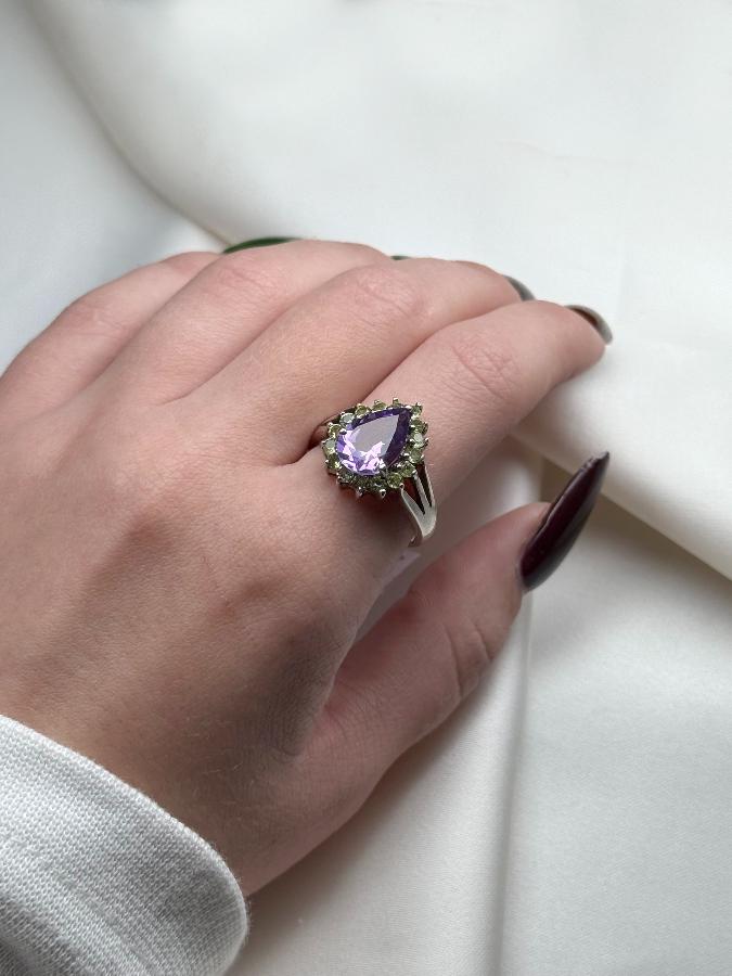 купить Кольцо из серебра с аметистом и хризолитом, 18 размер , фото 5