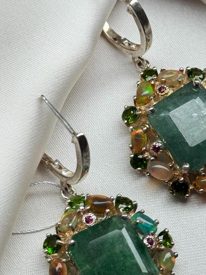 Серьги из серебра с изумрудом (зеленый берилл) и опалом U-3378, фото 2