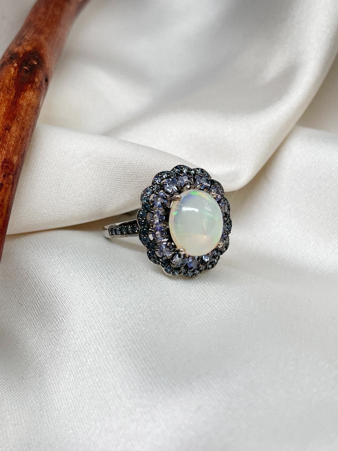 купить Кольцо из серебра с опалом и танзанитом,18 размер , фото 2