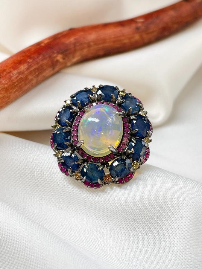 купить Кольцо из серебра с самоцветами,17,5 размер , фото 1