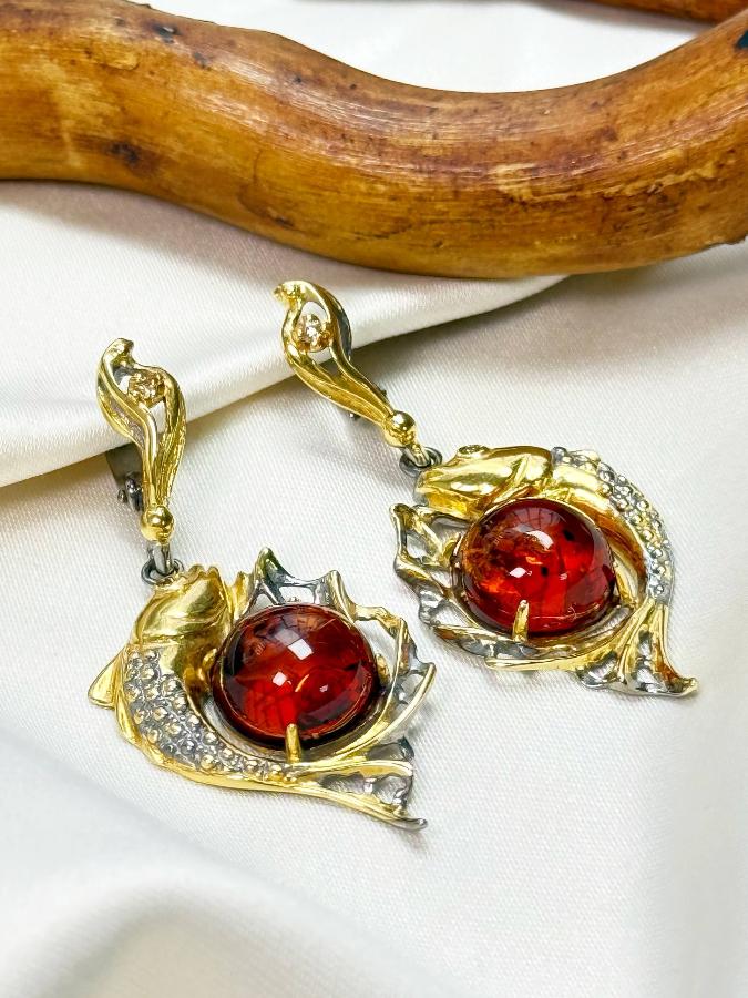 купить Серьги из серебра с красным янтарем , фото 1