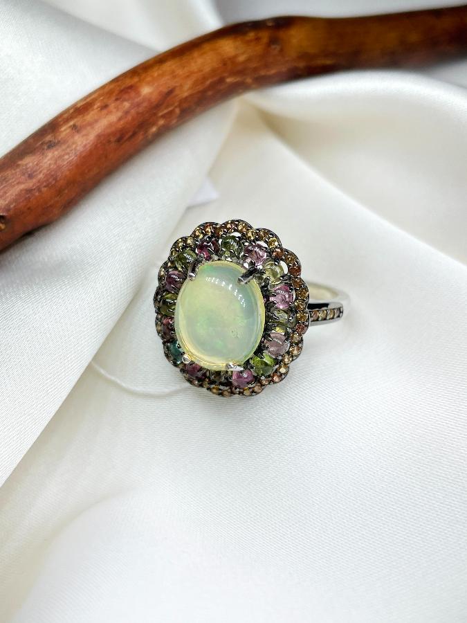 Кольцо из серебра с опалом и турмалином,19 размер U-3819, фото 2