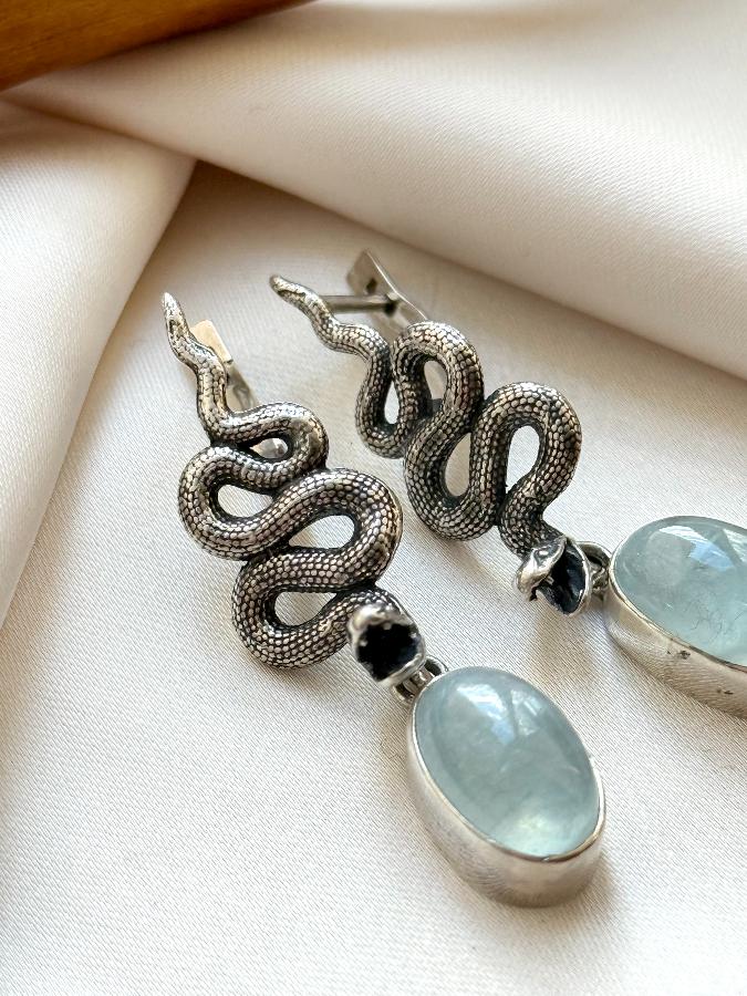 купить Серьги из серебра с аквамарином в форме змеи , фото 2