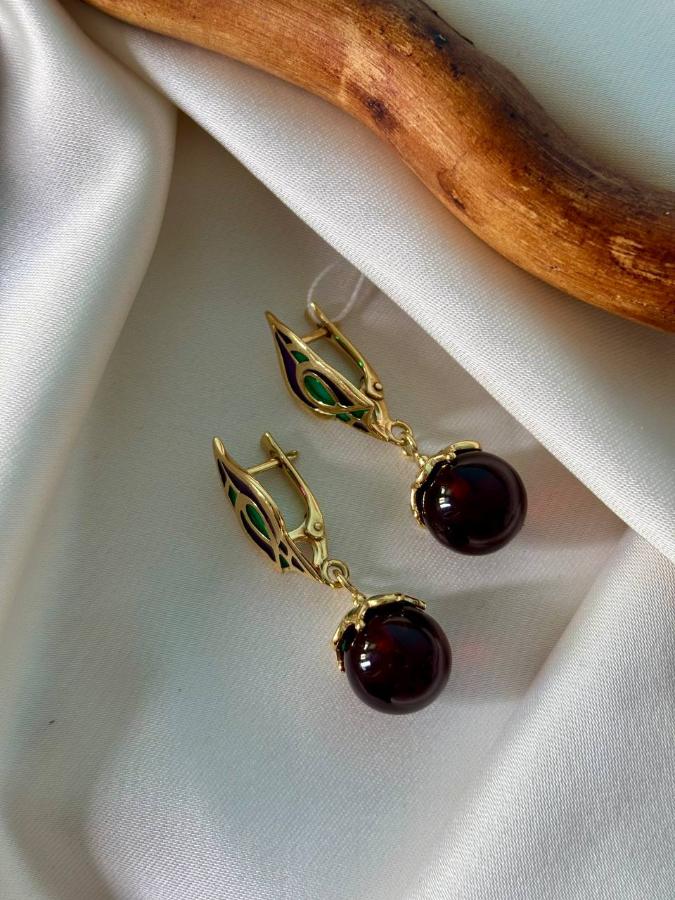 купить Серьги из серебра с красным янтарем , фото 1