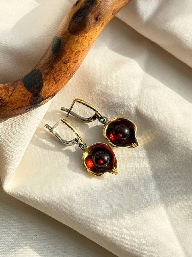 купить Серьги из серебра с красным янтарем  , фото 2